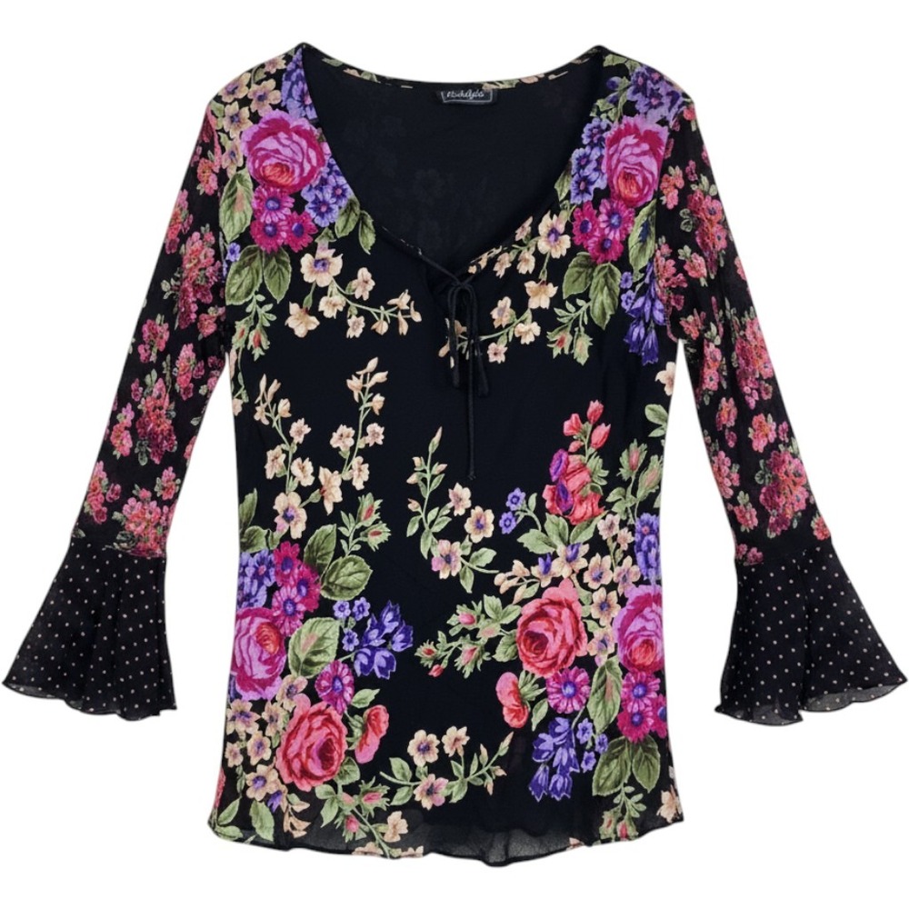 Nostalgia Romantic Floral & Polka Dot Bell Sleeve Blouse Boho Tie Front